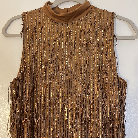 Carla Conti | Sequin gold/copper fringe mesh overlay mini dress Women’s size S - Picture 2 of 11